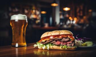 ai gerado uma Hamburger e uma vidro do Cerveja em uma de madeira mesa dentro uma bar foto