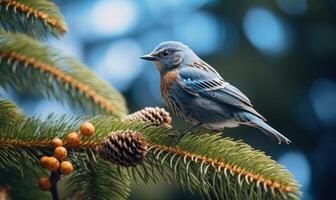 ai gerado pássaro azul sentado em uma ramo do uma abeto com pinho cones foto