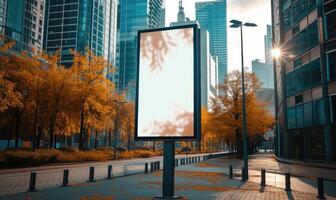 ai gerado em branco rua Painel publicitário em cidade rua. zombar acima do vertical publicidade ficar de pé dentro a rua foto