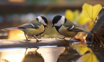 ai gerado dois ótimo tit pássaros, parus principal, bebendo água a partir de uma fonte. foto