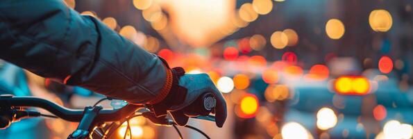 ai gerado bicicleta comutar dentro a cidade, viajante em uma bicicleta navegação através cidade tráfego, fundo imagem, generativo ai foto