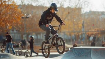 ai gerado bmx truques, suave foco lente, bmx cavaleiro realizando truques dentro uma Parque de skate ou urbano contexto, fundo imagem, generativo ai foto