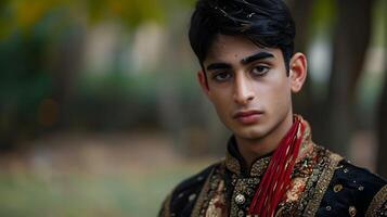 ai gerado retrato do jovem indiano masculino vestindo tradicional indiano roupas, generativo ai foto