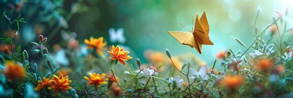 ai gerado origami jardim, ilustrar a encantador jardim cena com origami flores, plantas e borboletas, fundo imagem, generativo ai foto