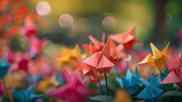 ai gerado origami jardim, ilustrar a encantador jardim cena com origami flores, plantas e borboletas, fundo imagem, generativo ai foto