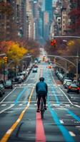 ai gerado bicicleta faixa aventura, ciclista equitação baixa uma designado bicicleta faixa dentro a urbano contexto, fundo imagem, generativo ai foto