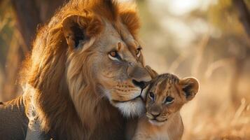 ai gerado retrato do uma masculino leão com uma pequeno leão filhote, fundo imagem, generativo ai foto