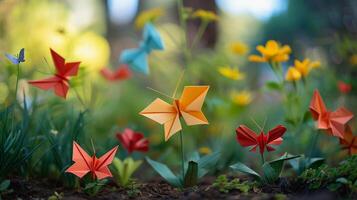 ai gerado origami jardim, ilustrar a encantador jardim cena com origami flores, plantas e borboletas, fundo imagem, generativo ai foto