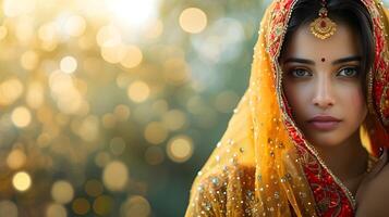 ai gerado retrato do jovem lindo indiano fêmea vestindo tradicional indiano roupas, generativo ai foto