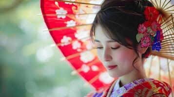 ai gerado retrato do jovem lindo japonês fêmea vestindo tradicional japonês roupas, generativo ai foto