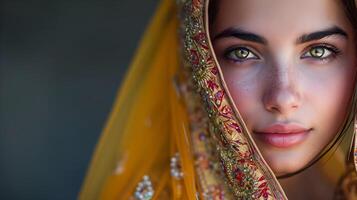 ai gerado retrato do jovem lindo indiano fêmea vestindo tradicional indiano roupas, generativo ai foto