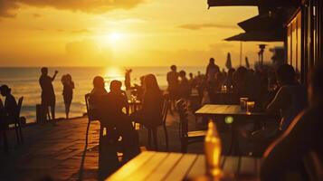 ai gerado beira-mar cafeteria cena durante pôr do sol, fundo imagem, generativo ai foto