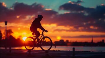 ai gerado ciclista às pôr do sol, fundo imagem, generativo ai foto