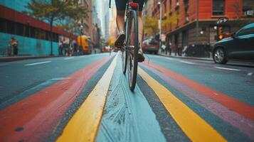 ai gerado bicicleta faixa aventura, ciclista equitação baixa uma designado bicicleta faixa dentro a urbano contexto, fundo imagem, generativo ai foto