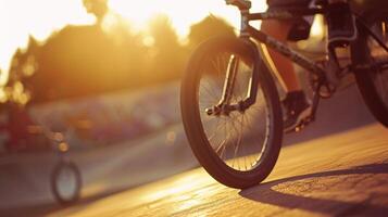 ai gerado bmx truques, suave foco lente, bmx cavaleiro realizando truques dentro uma Parque de skate ou urbano contexto, fundo imagem, generativo ai foto