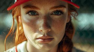 ai gerado retrato do uma vermelho cabelo branco fêmea dentro beisebol jogador uniforme, fundo imagem, ai gerado foto
