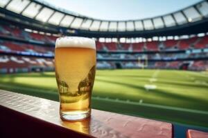 ai gerado uma vidro do Cerveja em futebol ou futebol estádio fundo foto