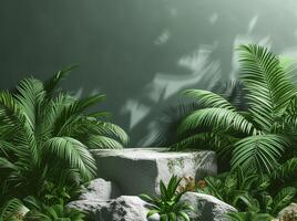 ai gerado pedra plataforma pedestal dentro tropical floresta para produtos apresentação e verde floresta.3d Renderização foto