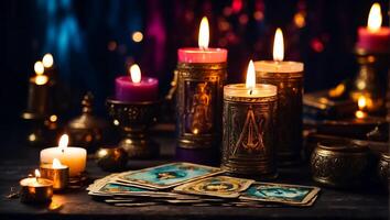 ai gerado tarot cartões, velas fundo foto