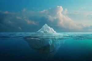 ai gerado surpreendente branco iceberg flutua dentro a oceano com uma Visão embaixo da agua. escondido Perigo e global aquecimento conceito. gorjeta do a iceberg. metade embaixo da agua foto