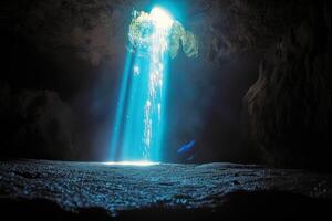 ai gerado luz solar piercing a profundidades do a embaixo da agua caverna foto