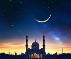 ai gerado mesquita pôr do sol céu, lua, piedosos noite, islâmico noite e noite mesquita com luminária virou sobre, islâmico papel de parede foto