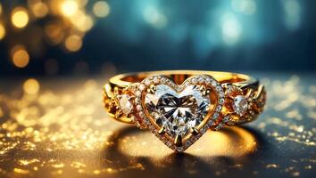 ai gerado lindo ouro anel com uma diamante dentro a forma do uma coração foto