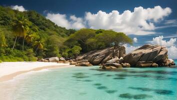 ai gerado magnífico ensolarado de praia dentro seychelles foto