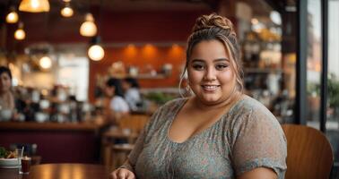 ai gerado retrato do uma muito gordo mulher dentro uma cafeteria foto