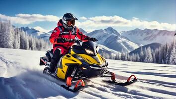 ai gerado pilotos passeio uma moto de neve dentro uma inverno terno dentro uma lindo magnífico Nevado floresta, montanhas foto