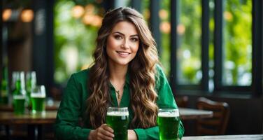 ai gerado lindo menina com uma vidro do verde Cerveja dentro uma Barra foto