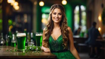 ai gerado lindo menina com uma vidro do verde Cerveja dentro uma Barra foto