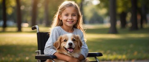 ai gerado pequeno menina dentro uma cadeira de rodas em a rua com uma cachorro foto