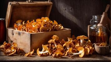 ai gerado cru chanterelle cogumelos em a velho fundo foto