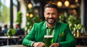 ai gerado homem com vidro do verde Cerveja às Barra foto