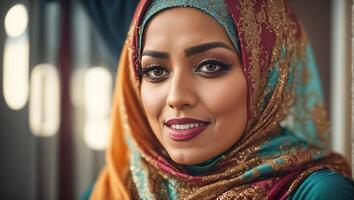 ai gerado retrato do uma lindo árabe mulher dentro tradicional roupas foto