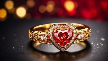ai gerado lindo ouro anel com uma vermelho diamante dentro a forma do uma coração foto