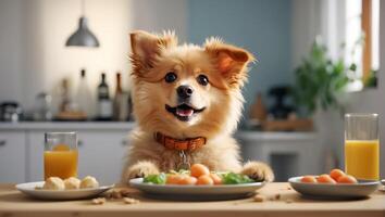 ai gerado fofa cachorro sentado dentro a cozinha às a mesa foto