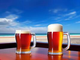 ai gerado vidro Cerveja caneca em mesa do de praia Barra restaurante - gerado imagem foto