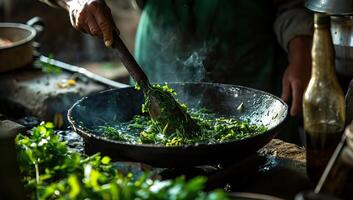 ai gerado chefe de cozinha habilmente cozinhando fresco verduras dentro rústico cozinha foto