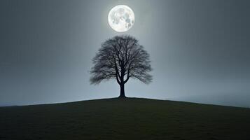 ai gerado solitário árvore em uma Colina às noite dentro cheio lua luz foto