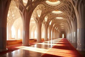 ai gerado iluminado pelo sol ornamentado mesquita corredor com intrincado desenhos e vermelho tapete foto