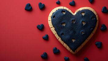 ai gerado dia dos namorados dia em forma de coração biscoitos em uma vermelho fundo foto
