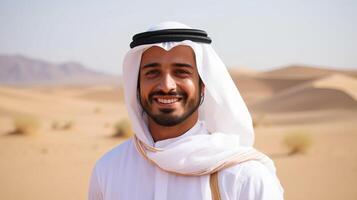 ai gerado retrato do árabe homem sorridente dentro a meio do a deserto foto