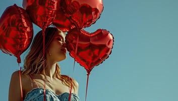 ai gerado jovem mulher com vermelho em forma de coração balões em azul céu fundo foto