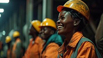 ai gerado grupo do jovem africano pessoas trabalhando dentro uma fábrica. industrial trabalhadores conceito. foto