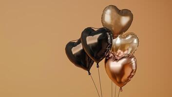 ai gerado grupo do dourado e Preto coração em forma balões em uma Castanho fundo foto