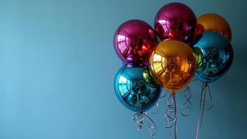 ai gerado multicolorido balões em uma azul fundo. espaço para texto. foto