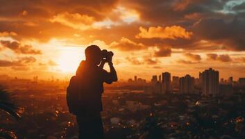 ai gerado silhueta do fotógrafo levando foto do paisagem urbana às pôr do sol.