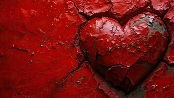 ai gerado vermelho coração com rachado pintura em uma metal superfície, grunge fundo foto